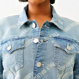 NEW TRUE RELIGION-ALL OVER LOGO RELAXED DENIM TRUCKER JACKET LARGE Y2K $178